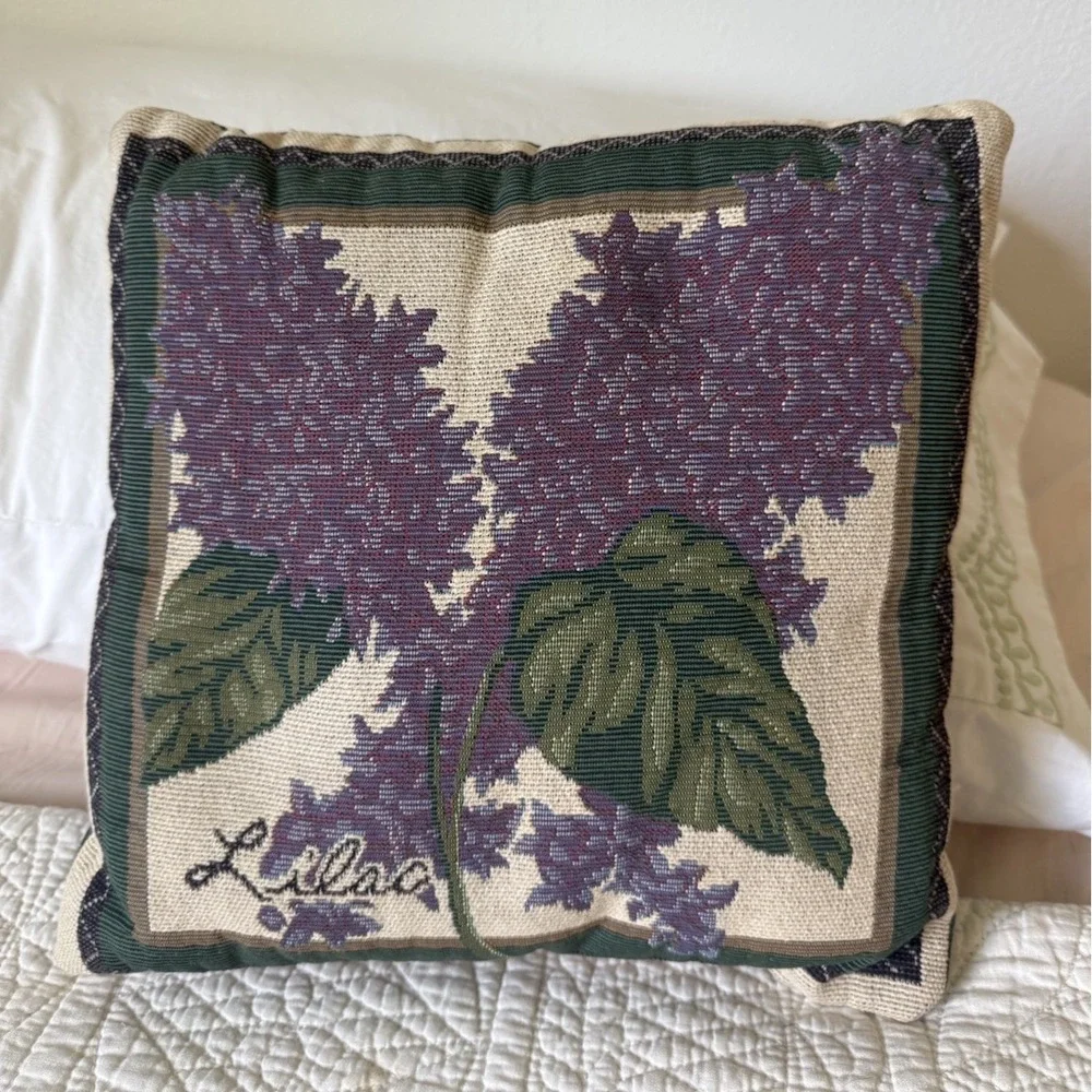 Vtg Lilac Floral Tapestry Throw Pillow Cottagecore Purple Green 11